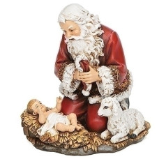 Kneeling Santa Holding Hat with Baby and Lamb - $42.99